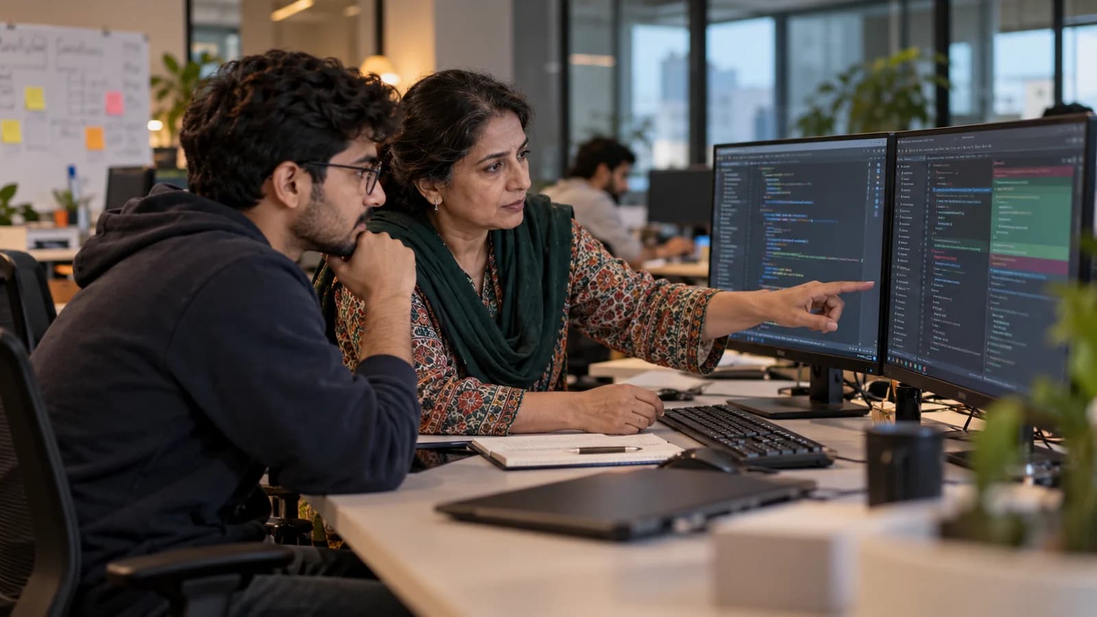 A Pakistani senior woman engineer and junior male colleague reviewing an AI-assisted code change side by side at a dual-monitor workstation, candid profile view, genuine concentration, softly lit modern office, blurred plausible code without readable text.