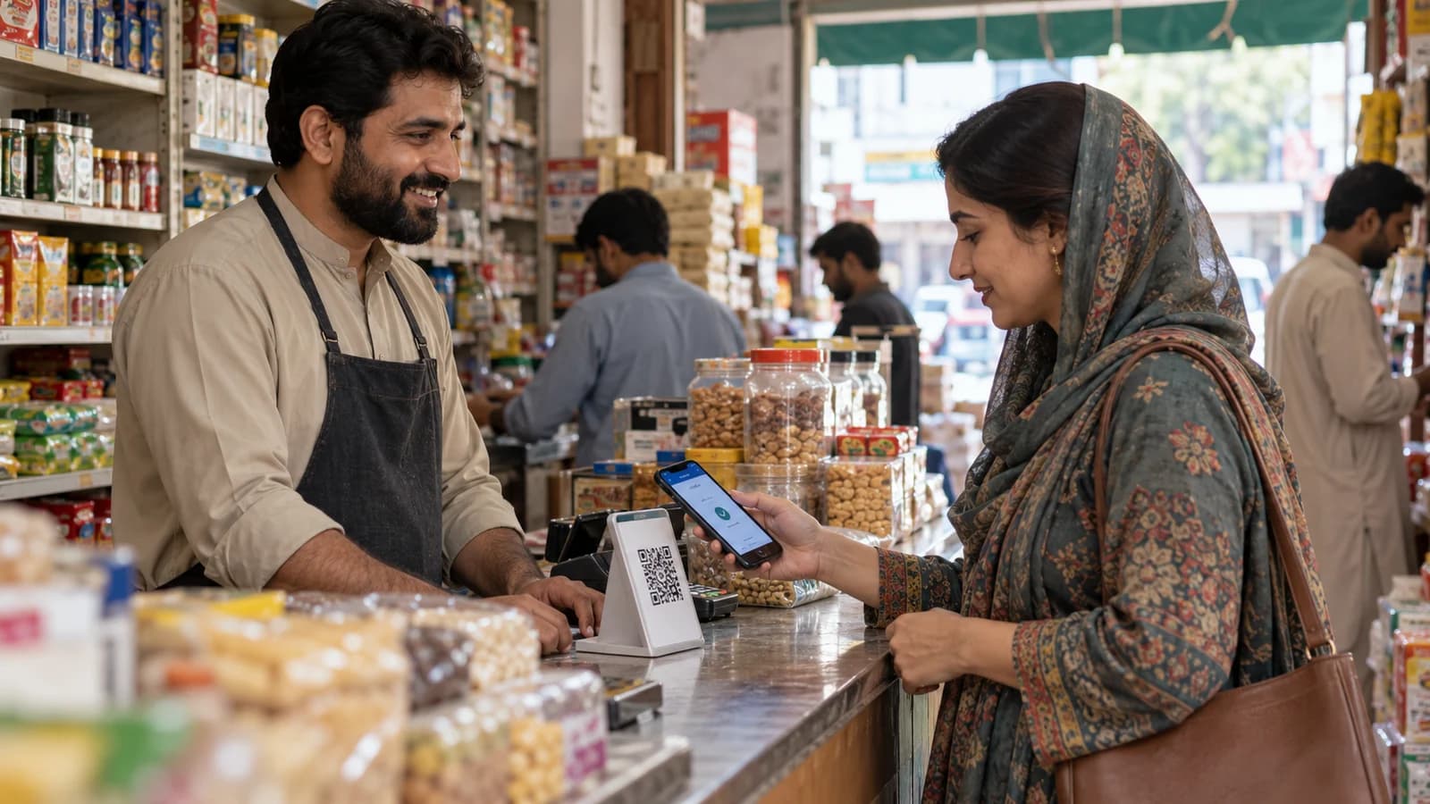 A Pakistani small shop owner and customer completing a phone payment at a busy but orderly retail counter, both faces visible, smartphone and small neutral QR stand central, candid eye-level shot, realistic local shop details.