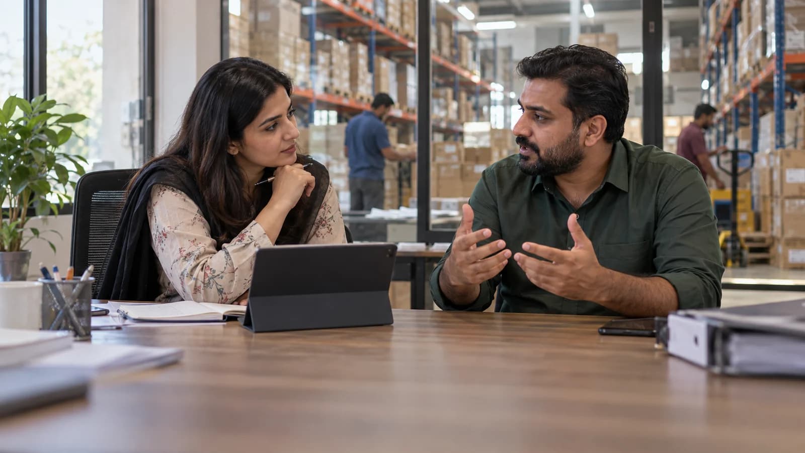 A Pakistani woman software-agency founder listening to a male wholesale-business owner explain a stock-management problem inside a practical warehouse office.