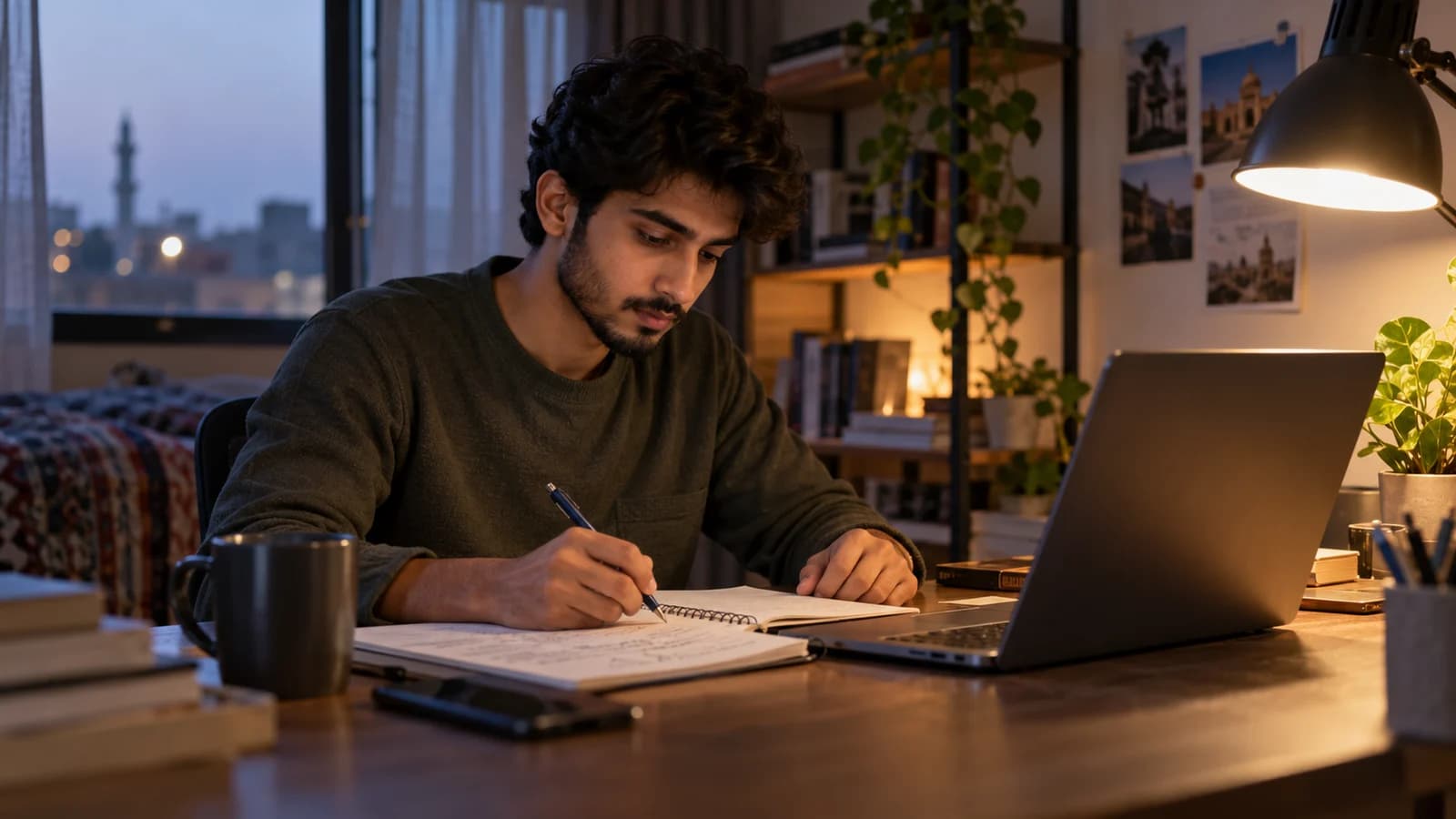 A young Pakistani male junior developer at a small home desk studying a programming notebook next to a working laptop, evening desk lamp and soft window light, focused expression, believable middle-class home, close three-quarter portrait.