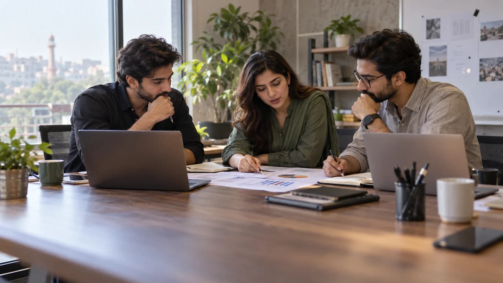Three Pakistani software-company founders reviewing a project plan and cash-flow sheets at a modest modern Lahore office meeting table.