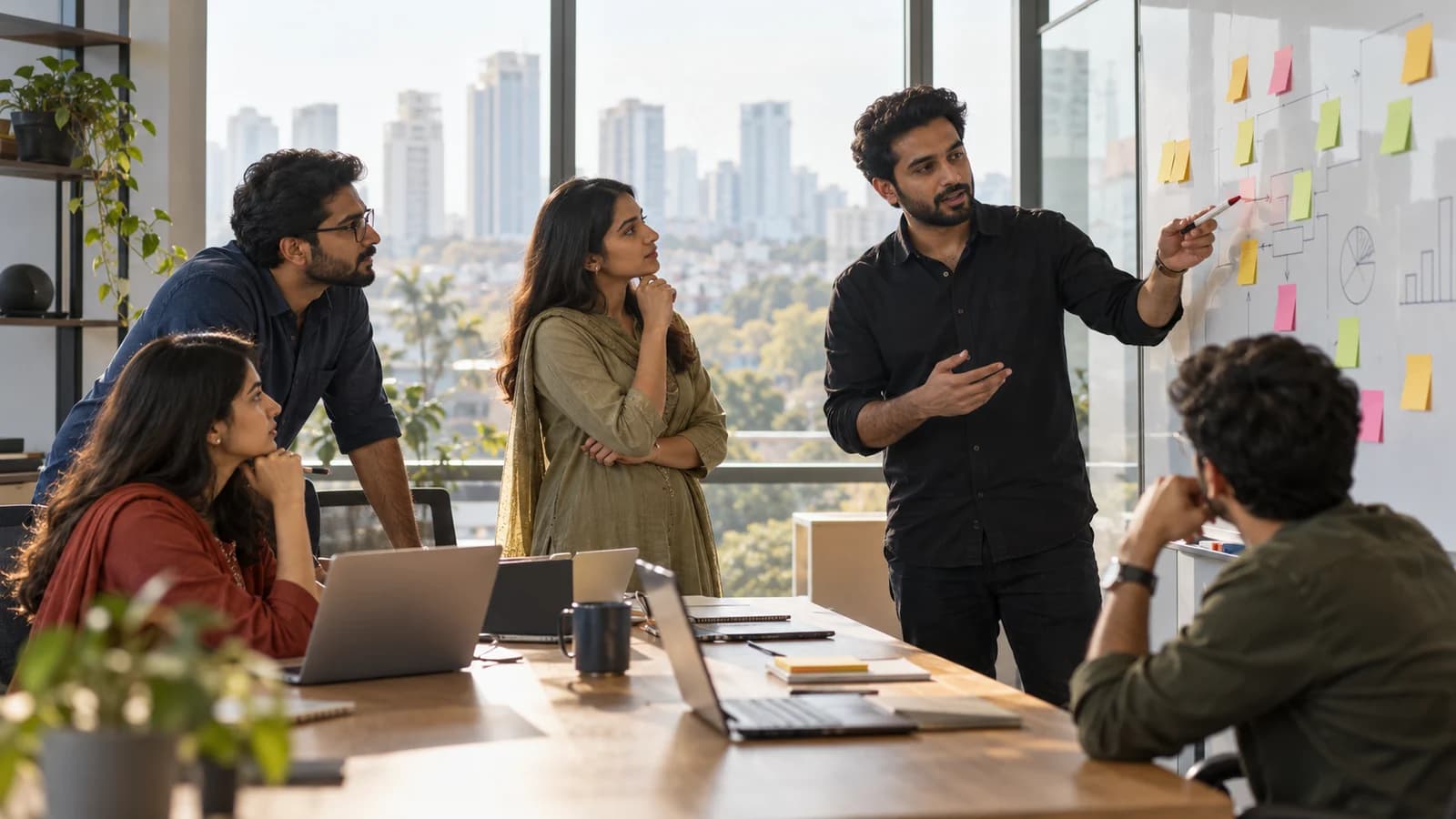 A Pakistani founder facilitating quarterly planning with four diverse software team members at a whiteboard in a sunlit contemporary office, engaged real-looking faces, simple sticky notes, wide three-quarter composition, city buildings through distant windows.
