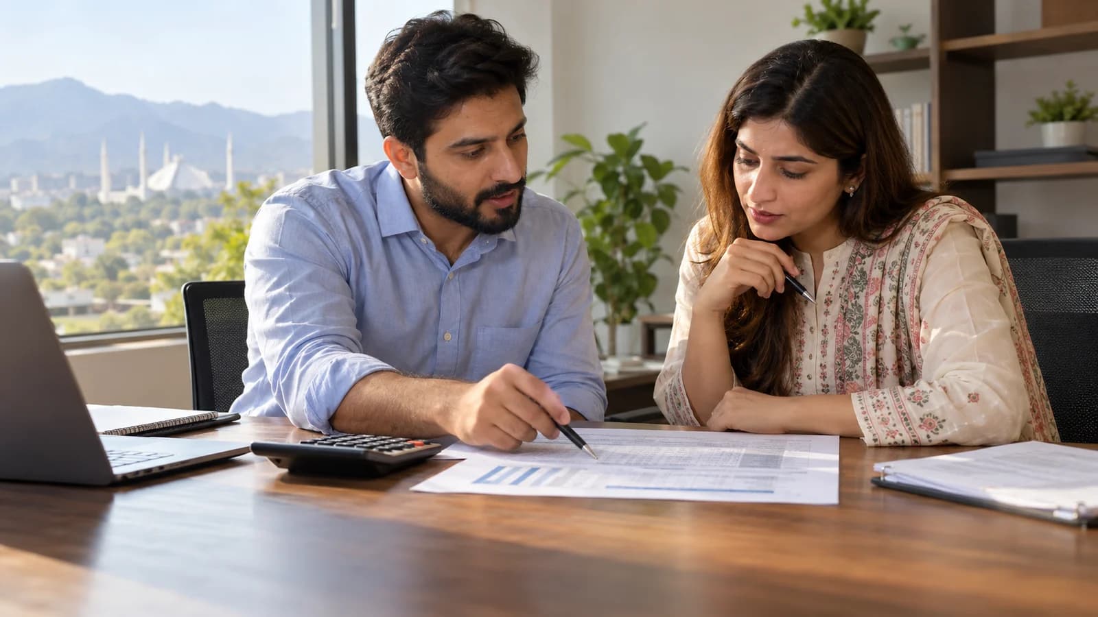 A Pakistani project manager and business client discussing a project estimate at a desk with calculator, pen, and printed spreadsheet, hands gesturing to line items.