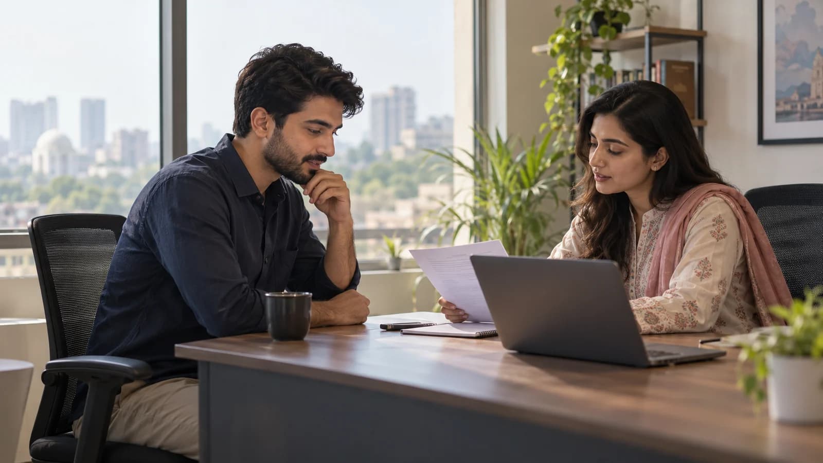 A Pakistani developer discussing a written job offer with a human-resources professional in a quiet office, two people seated across a desk, printed document and laptop, thoughtful professional expressions, natural window lighting, medium side view.