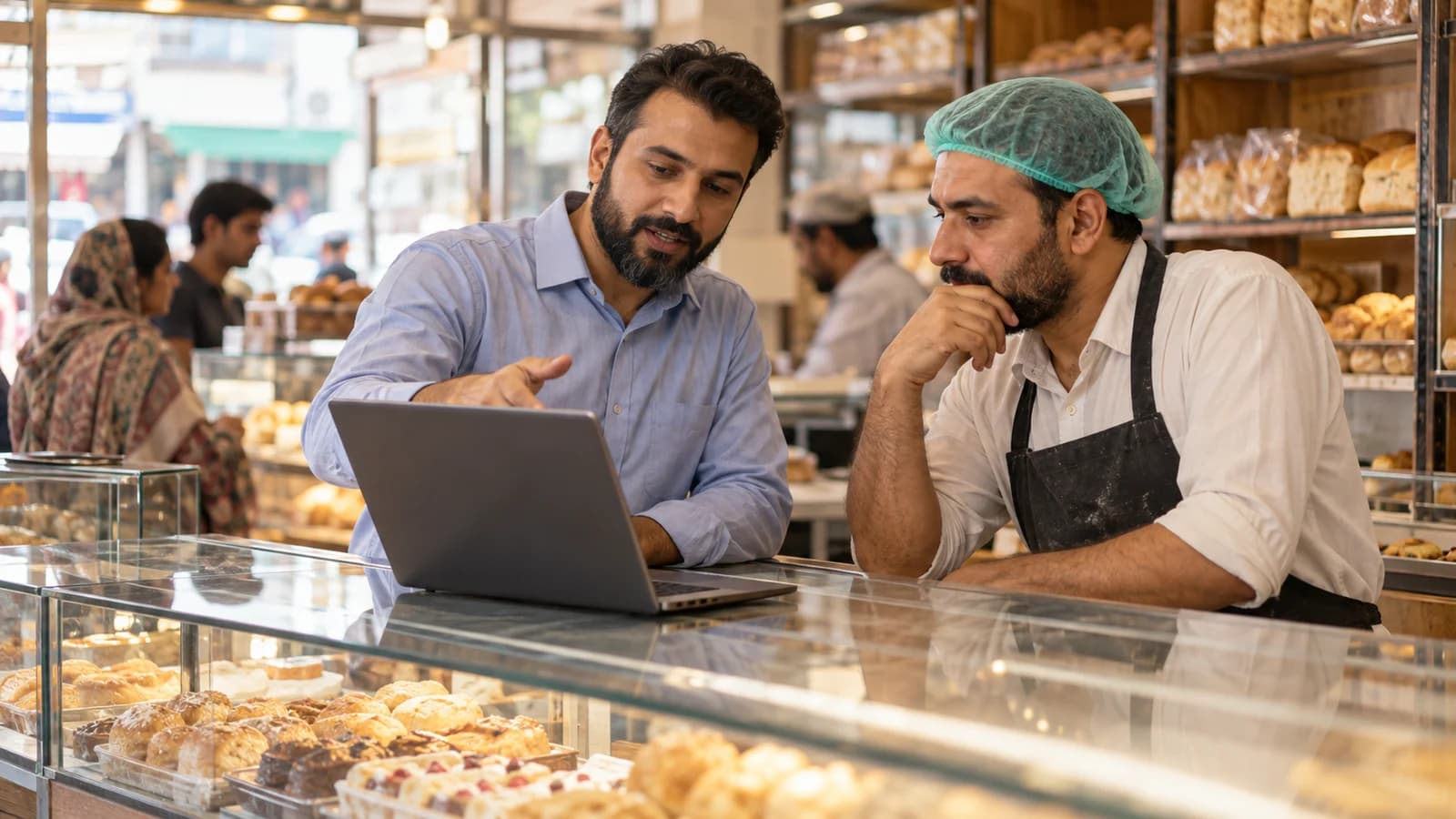 A Pakistani entrepreneur with a short beard in his late thirties demonstrating a small business software pilot to a bakery owner behind a neighbourhood bakery counter.