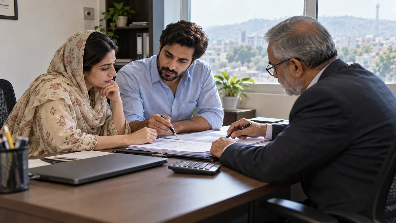 A Pakistani woman founder in her early thirties and male business cofounder reviewing company paperwork with an older professional accountant in a small Rawalpindi office.