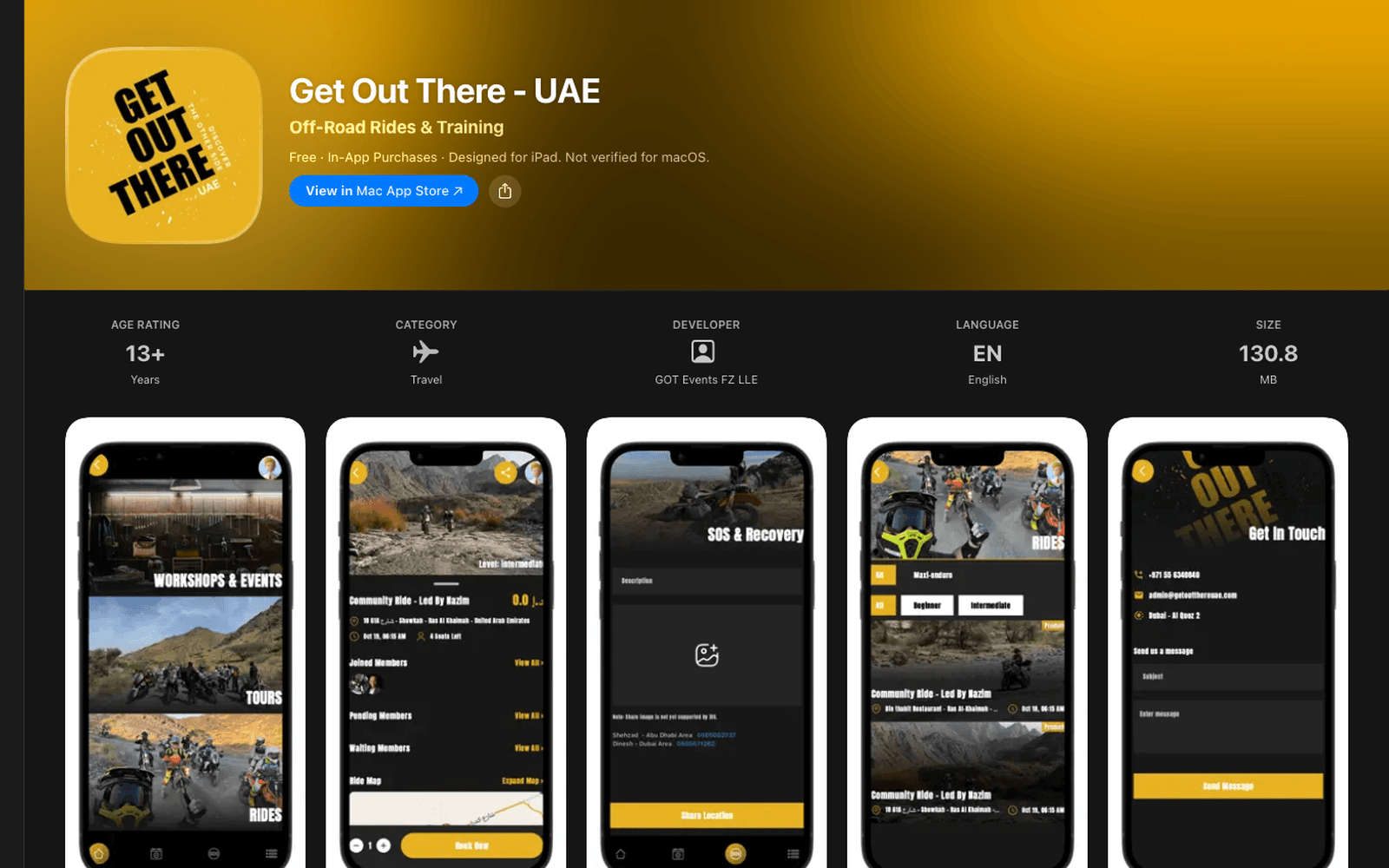Get Out There UAE adventure-riding community app screens.