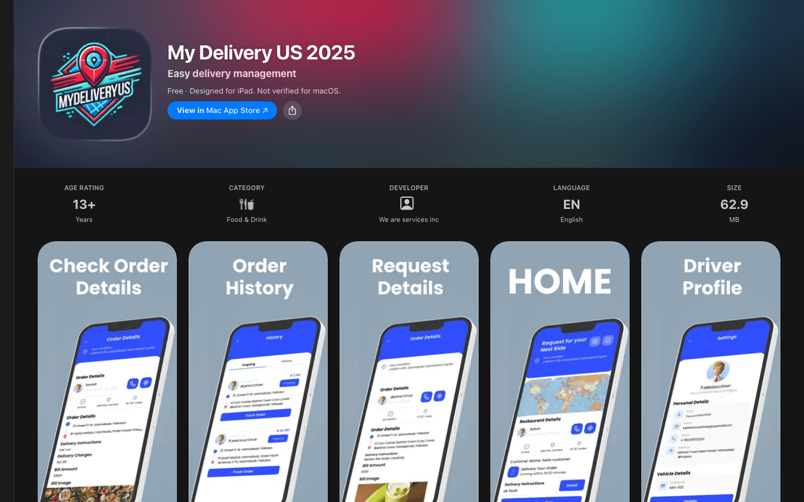 My Delivery US restaurant delivery and driver-management app screens.