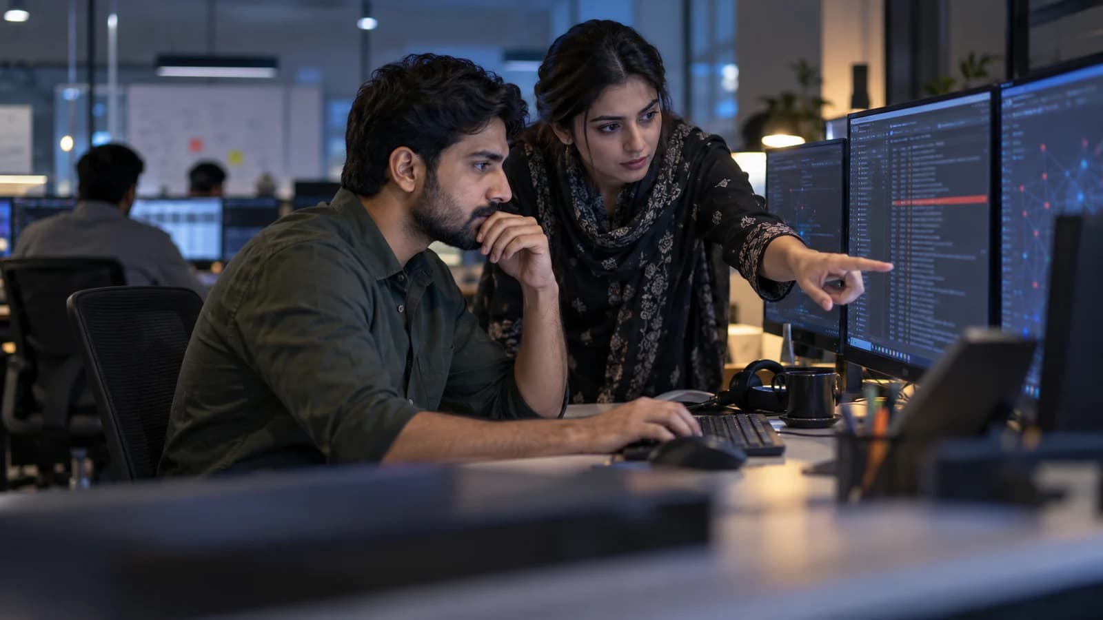 Two Pakistani security engineers, a man and woman, investigating an access alert at a workstation in a subdued software office, realistic monitors with blurred log-like interfaces, hands on keyboard, focused faces, cool ambient light and subtle warm task lighting.