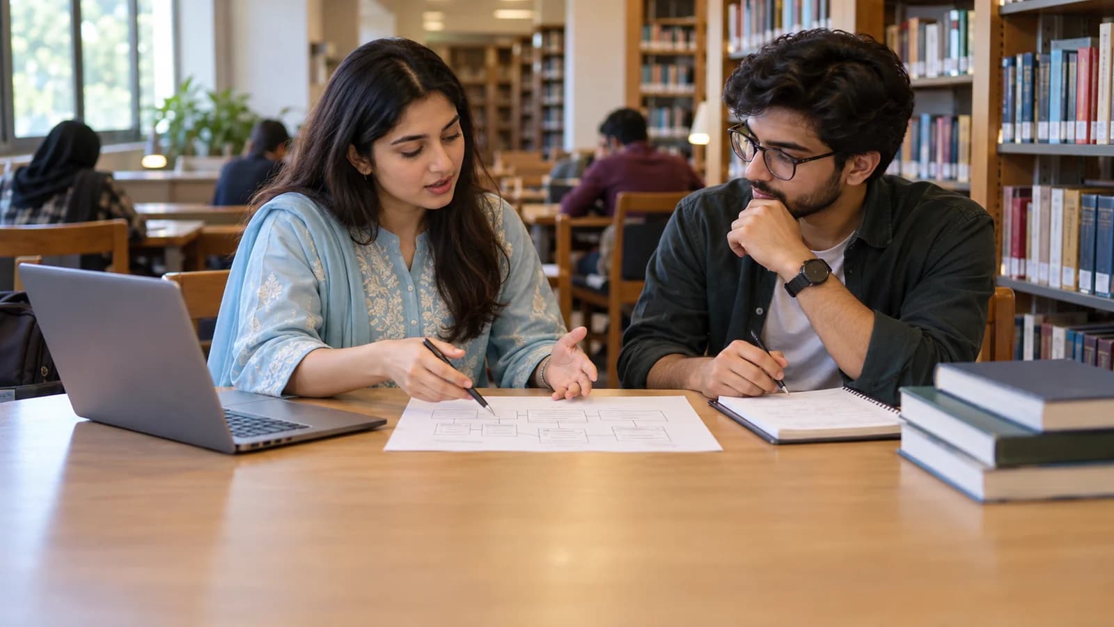 Two Pakistani junior developers, a woman in a light blue kurta and a man with glasses, practising a mock technical interview at a modest university-library table.