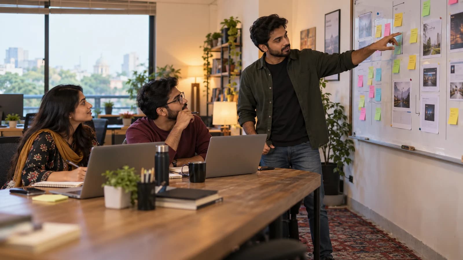 A Pakistani freelance developer now leading a small three-person team in a converted coworking room, founder standing beside seated colleagues reviewing a shared project board.