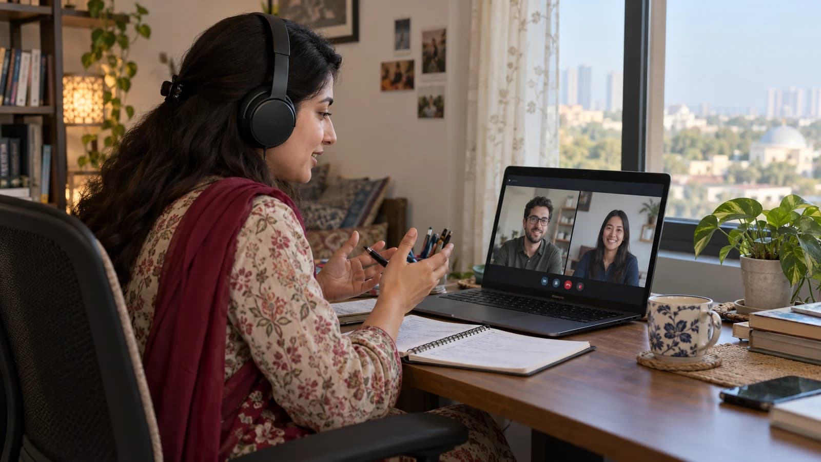A Pakistani female software project lead at a laptop on a live video meeting with two overseas colleagues visible on screen, softly lit home workspace, headphones, over-the-shoulder angle including her face in profile, daytime window view.
