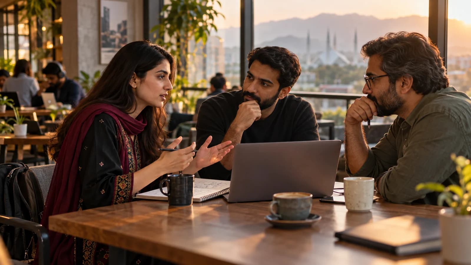 A Pakistani developer in her late twenties meeting two experienced mentors at a quiet coworking cafe, discussing job, freelance, and founder options.